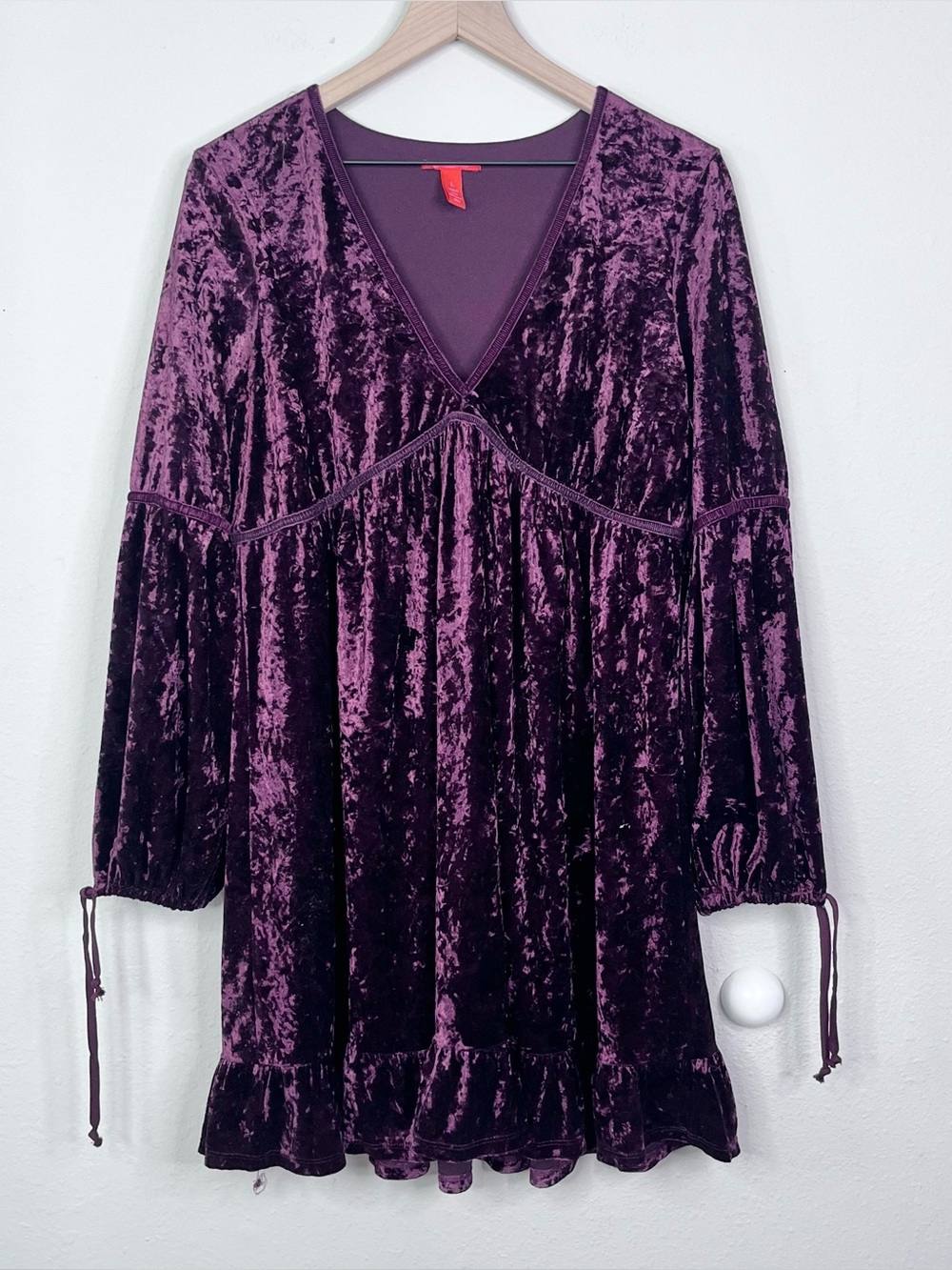 Chelsea & Violet Plum Crushed Velvet Baby Doll Dress Large Bell Sleeves Deep V